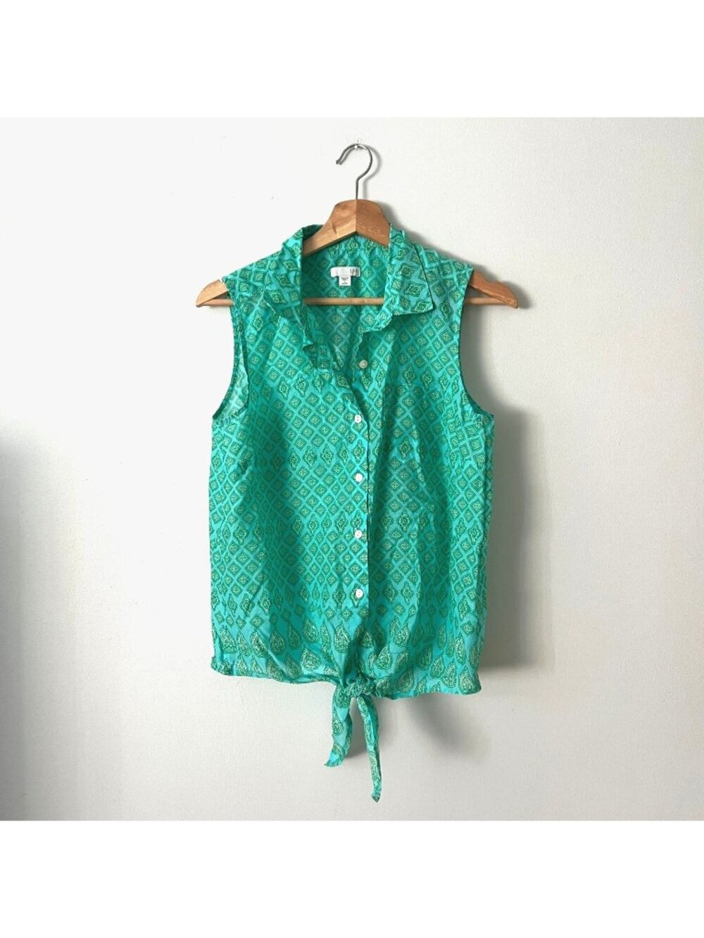J. Jill Green Cotton Sleeveless Button Up Tie Front Blouse Women's Size S Petite